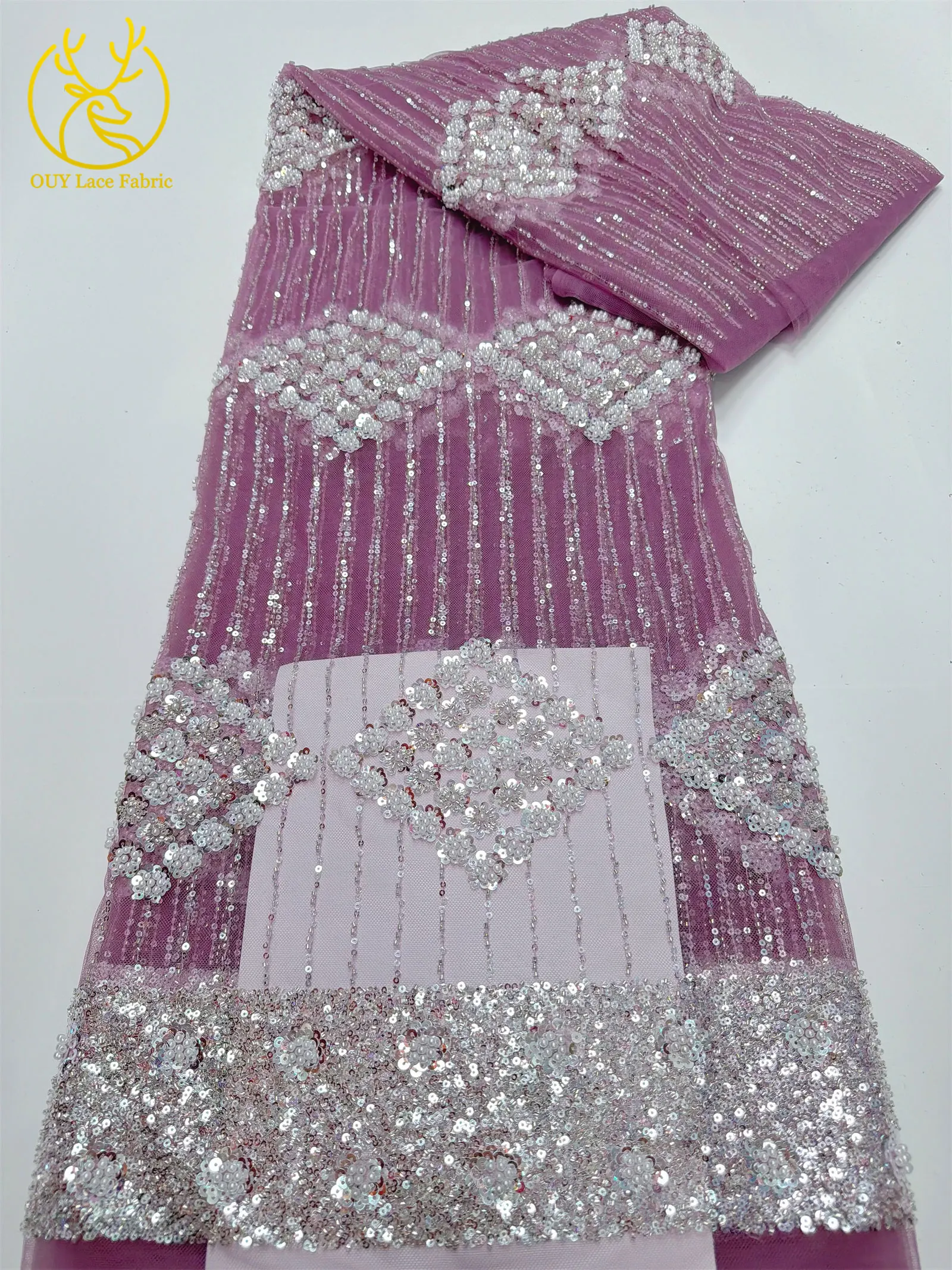 Eleganter, modischer afrikanischer Spitzenstoff mit Perlen und Pailletten, 2026, neues Design, französischer nigerianischer Tüll-Spitzenstoff für Abschlussball- und Partykleider, 5 Yards – Detail 16