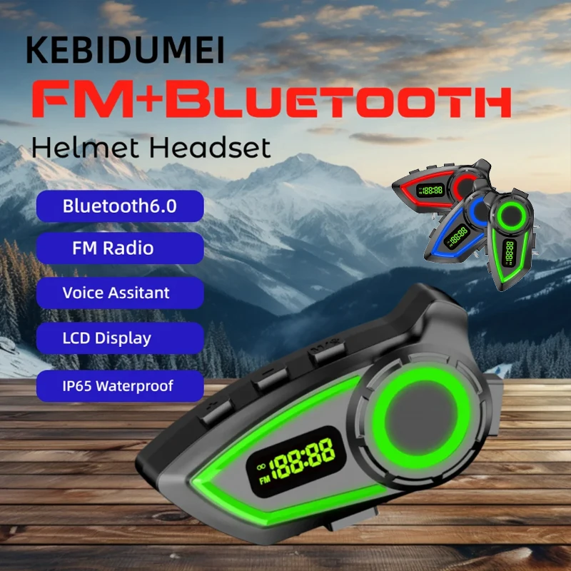 

KEBIDUMEI гарнитура для мотоциклетного шлема Bluetooth 6.0 FM-радио водонепроницаемая система связи с ЖК-дисплеем для мотоциклистов