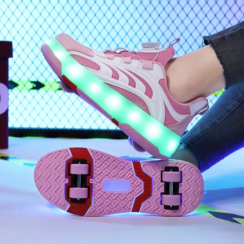 New Pink USB Charging Fashion Girls Boys LED Light Roller Skate Shoes For Children Kids Sneakers With Wheels Four wheels