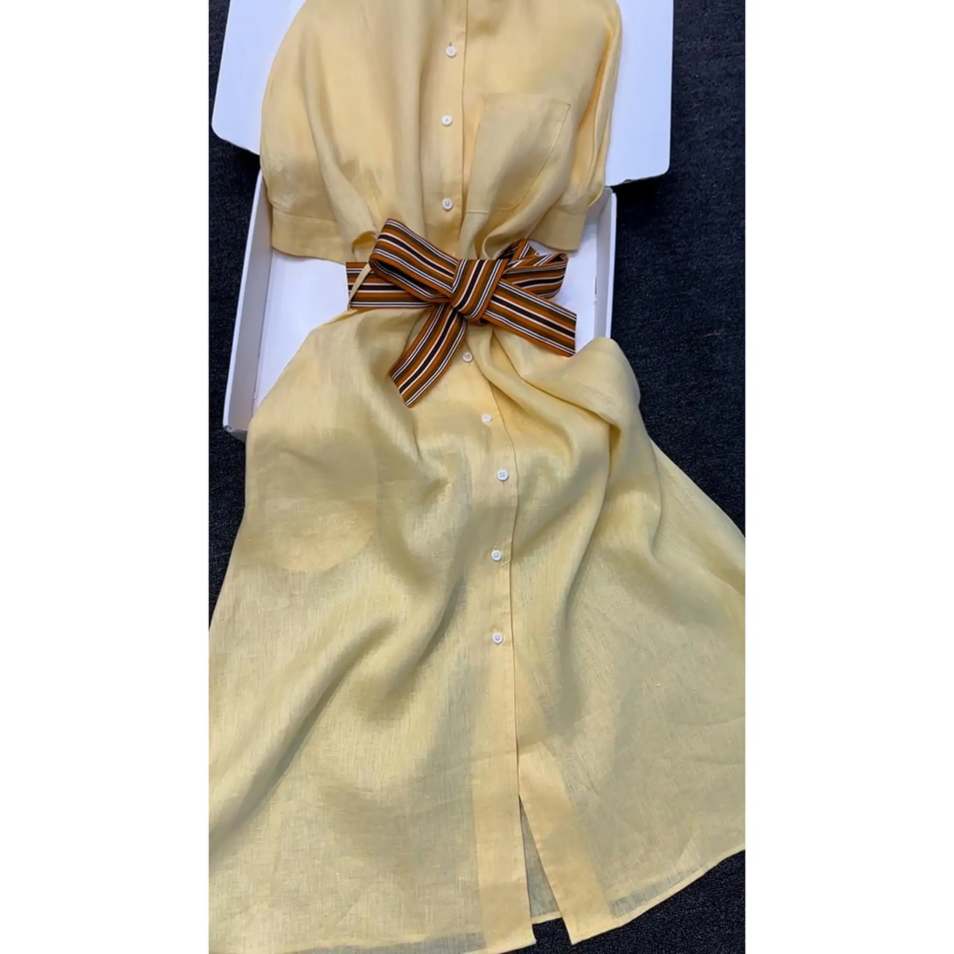 Ele Yellow  Collar Cotton Linen ort Sve Dr Summer High Waist A-Line Skirt Sle Women's Faion Dr