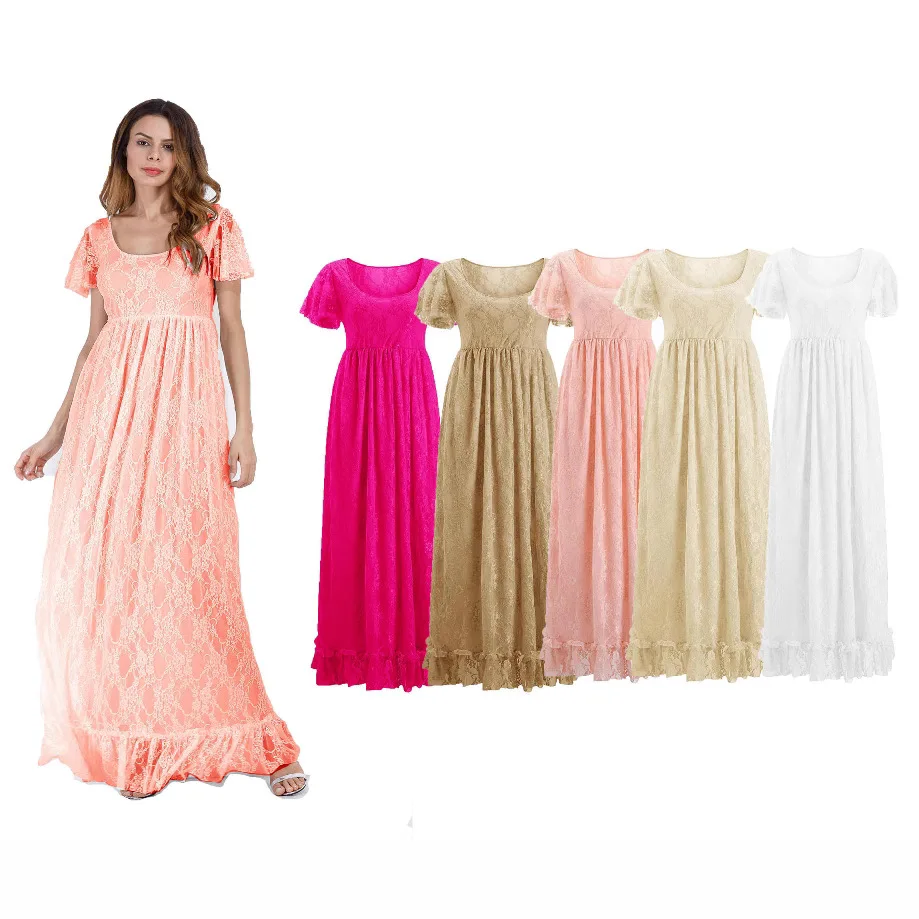 Women's clothing pregnant women's solid color lace ruffle short sleeve round neck long dress photography flying sleeve dress