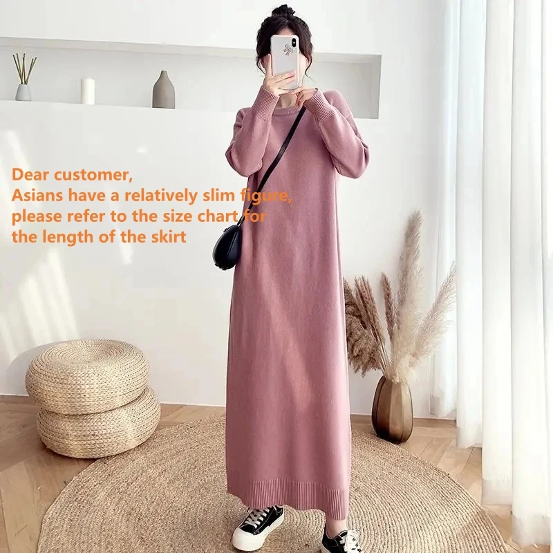 Thick Long Sleeve Knitted Dress Women Korean Fashion Maxi Vestidos Loose Plus Size 80kg Robes Casual Straight Sweater Dresses