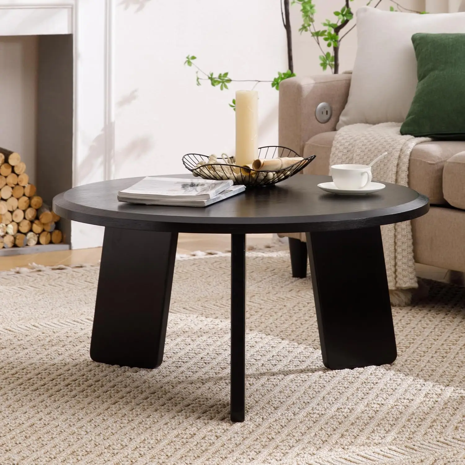 Mid Century Modern Coffee Table Wood Living Room   Cute Round Coffee   Center Table Side for  Office Room, Black