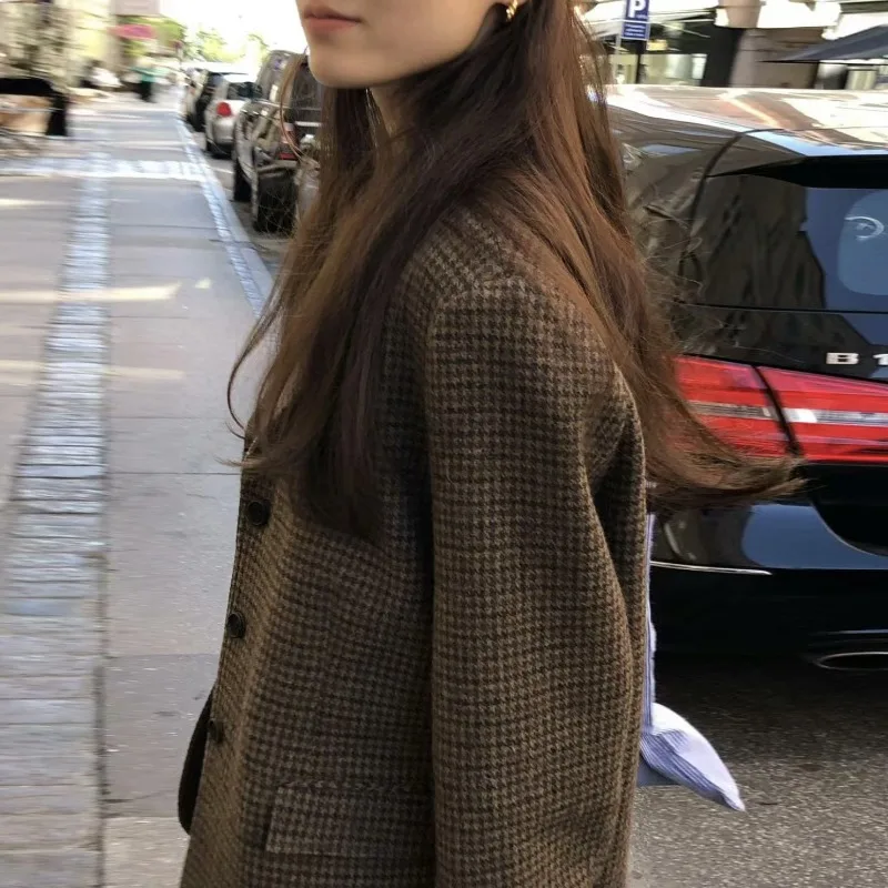 2025 겨울 신상 프렌치 레트로 슈트 칼라 천조무늬 싱글 브레스티드 출퇴근용 울 코트 여성 의류