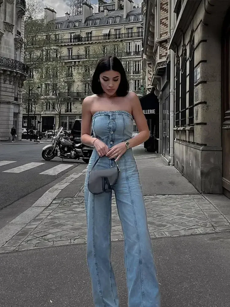 Off Shoulder Blue Denim Jumpsuits Vrouwen Sexy Mouwloze Tube Top Knoop Vintage Jumpsuits Zomer Hoge Taille Wijde Pijpen Playsuits