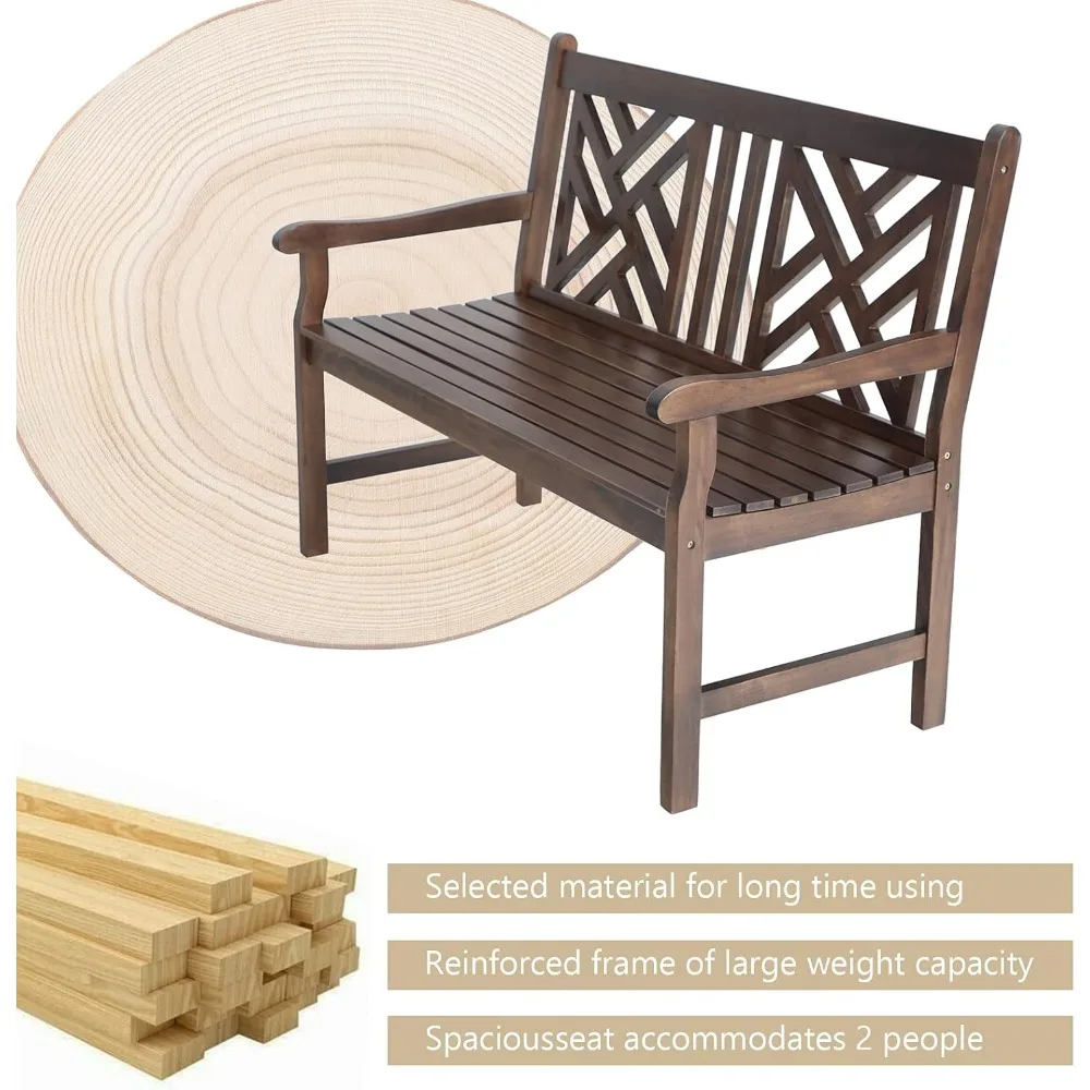 Outdoor Acacia Wood Garden Bench with Backrest and Armrest, 2-Person Slatted Seat Bench Patio Furniture for Porch Park Yard