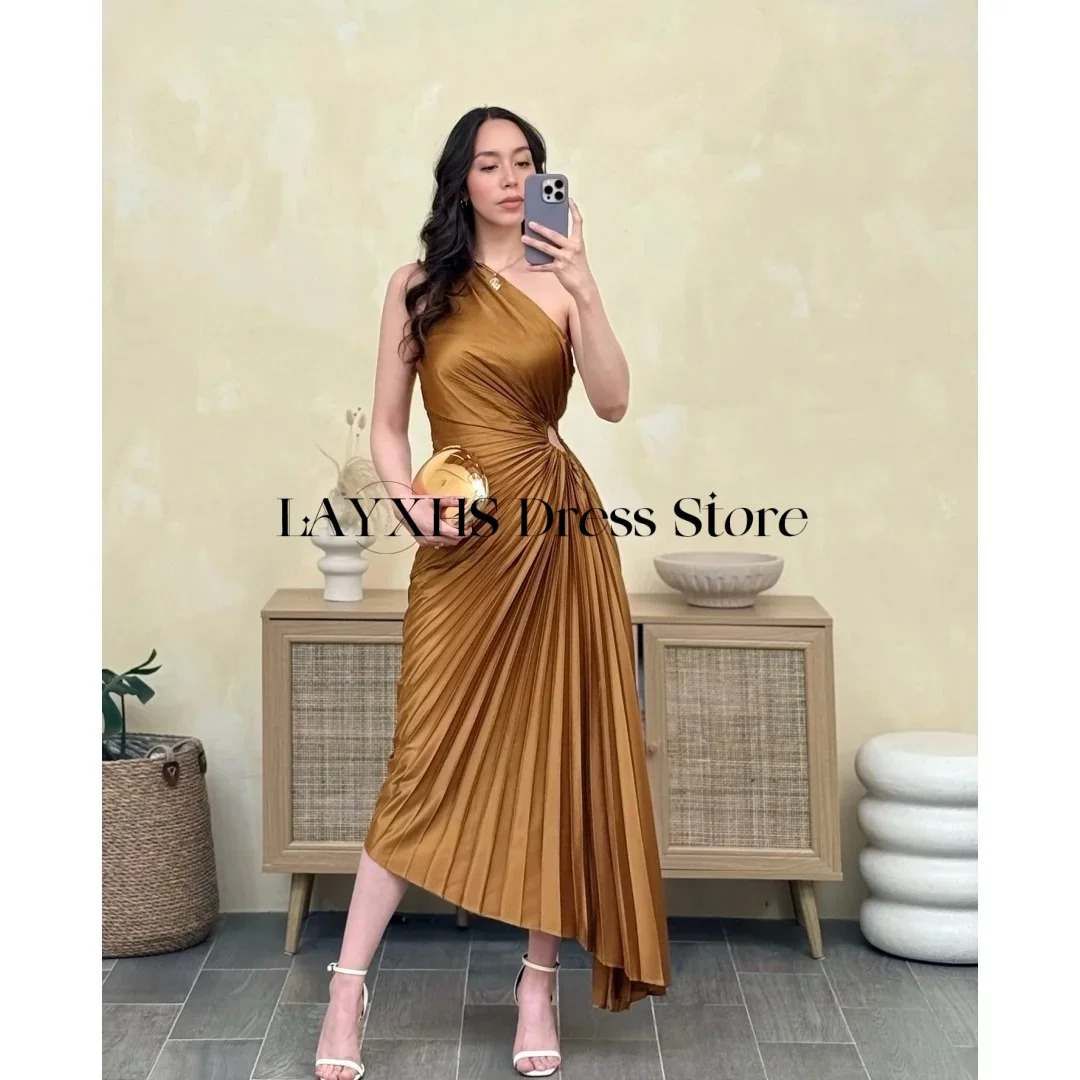 

Customized One Shoulder Burnt Orange Formal Evening Dresses Pleat Satin Ankle-Length Prom Dress 2025 Cut Out robes de soirée