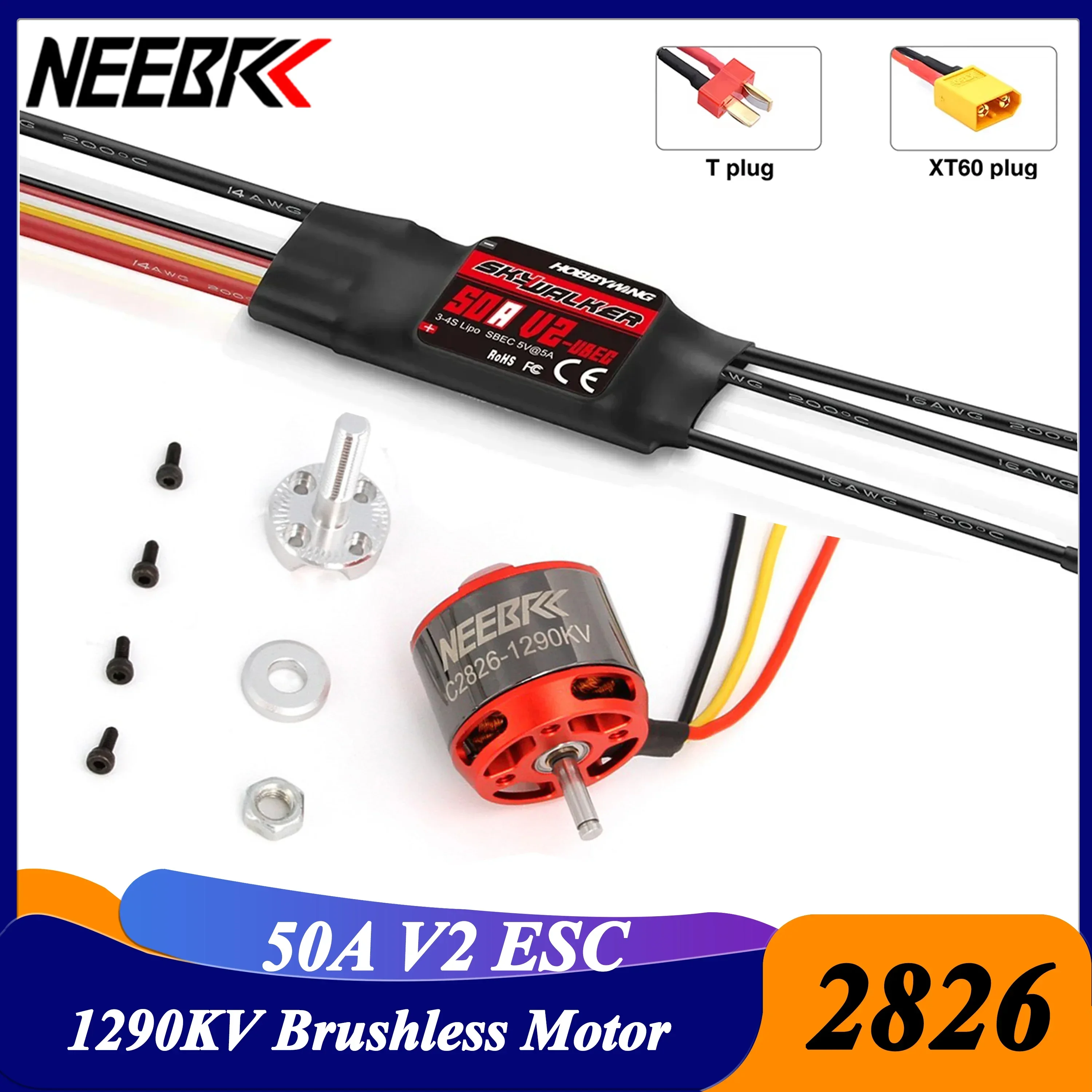 NEEBRC 2826 1290KV Brushless Motor Hobbywing Skywalker 50A V2 ESC T/XT60Plug for RC Quadcopter Fixed-wing FPV Racing Drone Parts