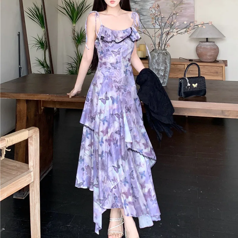 

2026 Spring New Women French Sleeveless Retro Camisole Dress Irregular Mesh Printed Dress Slim Ruffles Long Fairy Dress