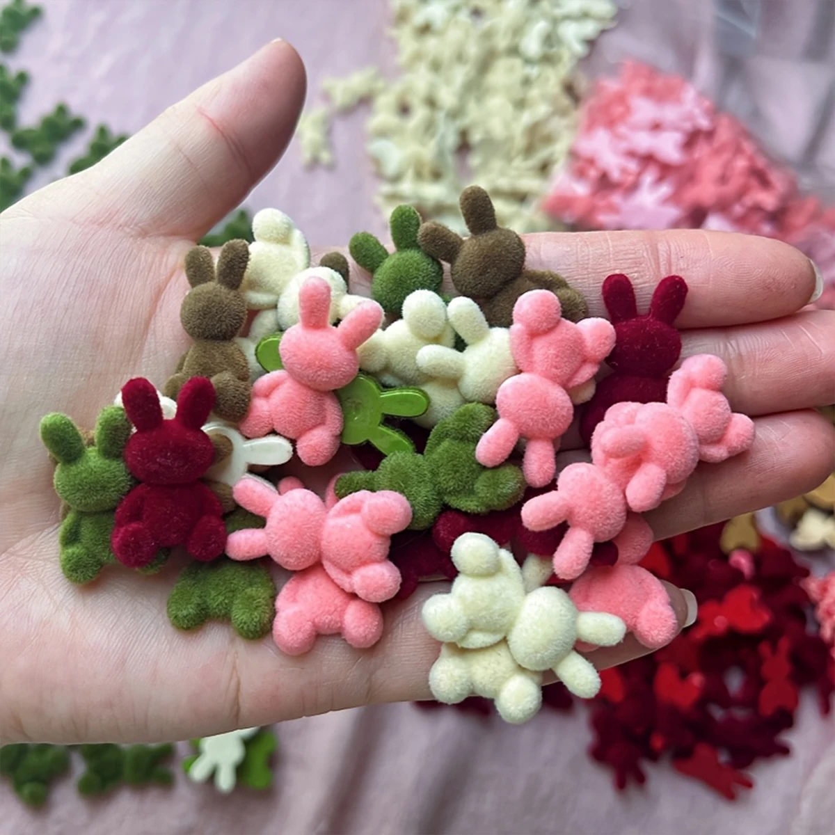 10pcs Mini Flocking Rabbits - Handmade Plush Flock Animal Beads, Suitable for DIY Crafts, Hairpins, Keychains, Scrapbooking