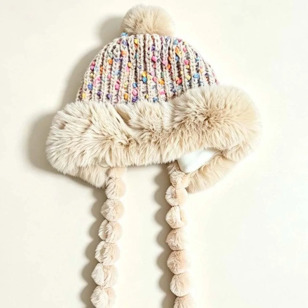 Fleece Lined Pompom Braids Hat Striped Knit Soft Yarn Fur Trim Trapper Windproof ElasticThick Fleece Knit Beanie Skating