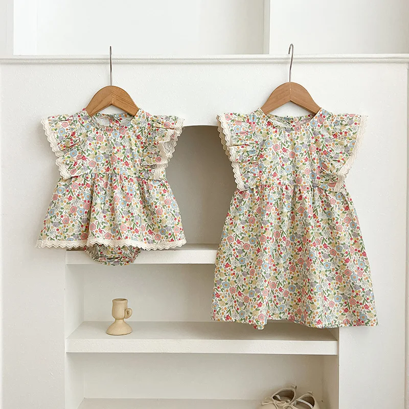 

2026 Summer 3M-6Y Childrens Clothes Multicolored Floral Print Girls Dress Lace-trimmed Flutter Sleeves Bodysuit for Girls