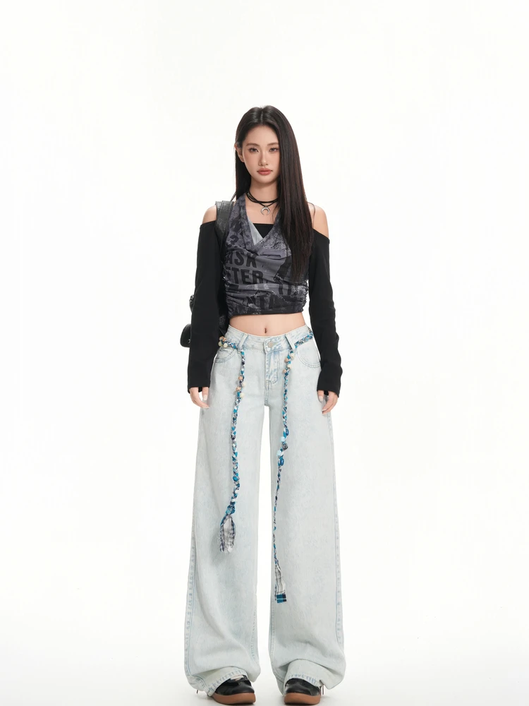 

Light Blue Loose Wide Leg Denim Jeans Women's Low Waist Straight Cut Floor Length Pants American High Street Style Autumn Win...