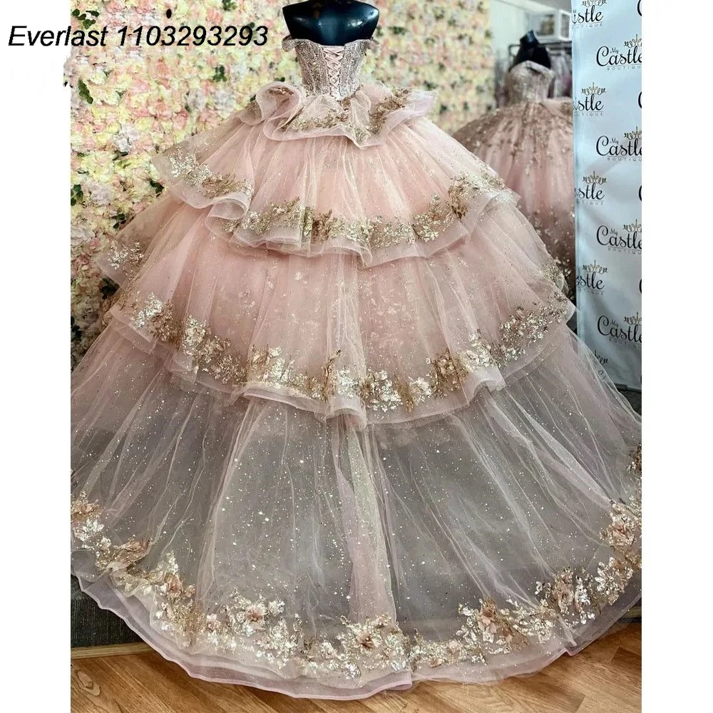 EVLAST Glitter Pink Quinceanera Dress Ball Gown Gold Lace Applique Beading Tiered Corset Sweet 16 Vestido 15 De Años TQD259