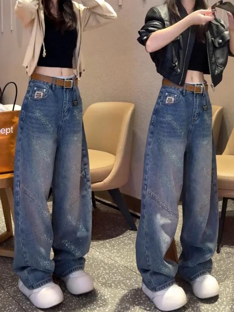 

Женские джинсы с широкими штанинами для похудения, лето 2026, новый стиль, с высокой талией, украшенные стразами, прямые брюки-кюлоты