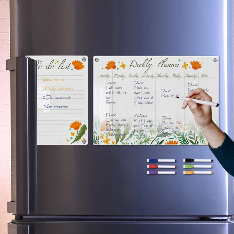 Tablero de notas de calendario planificador semanal acrílico magnético para refrigerador-escritura borrable