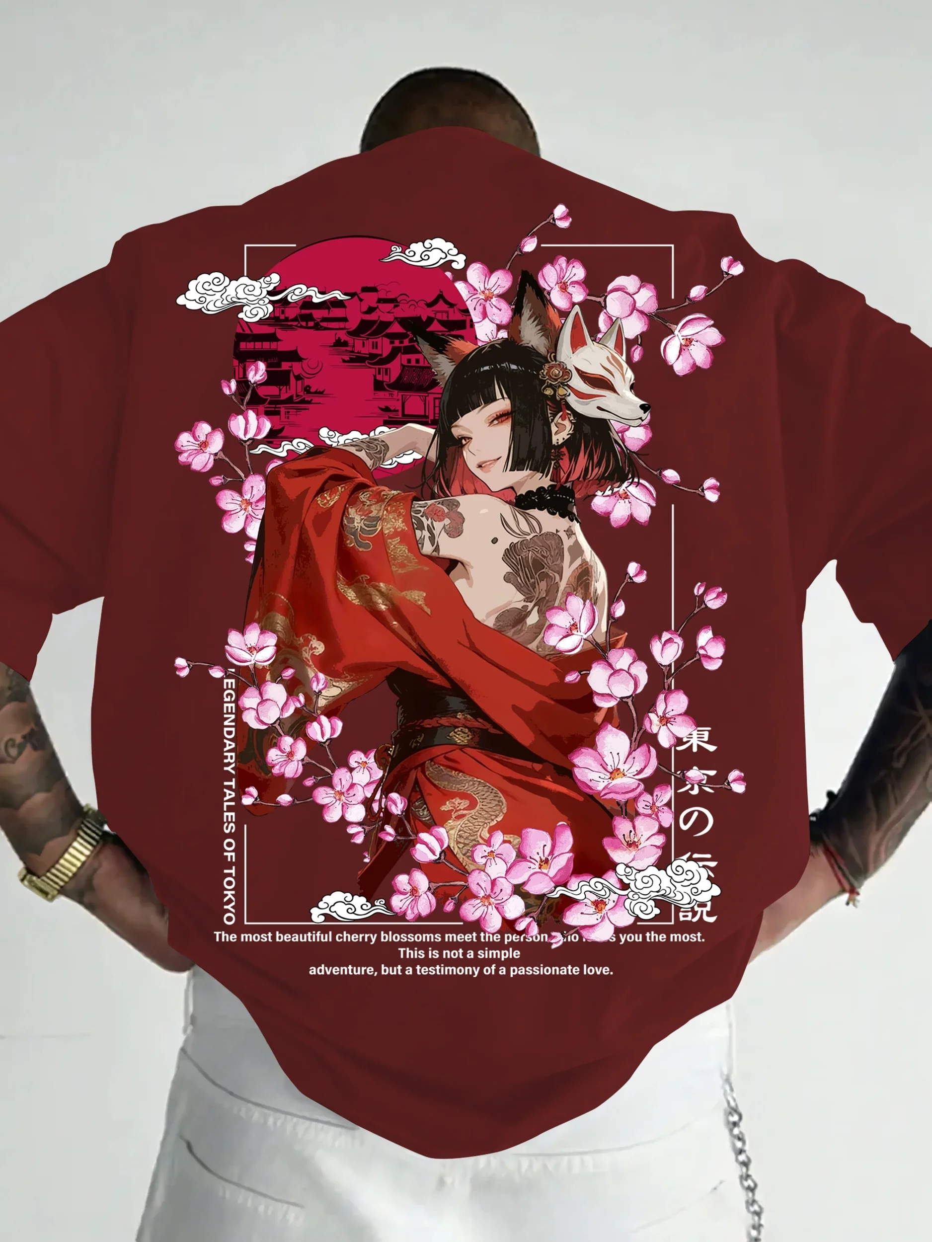Japanischer Stil, Fuchsdämon, Geisha, Kirschblüten, Tokyo-Legende, japanischer Slogan, personalisiertes T-Shirt aus reiner Baumwolle für Männer und Frauen – Detail 5