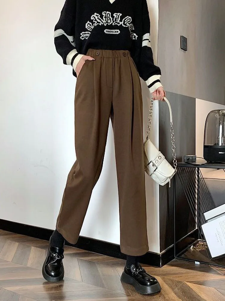 مكتب سميكة الصوفية سراويلي حريمي فضفاض المرأة عادية عالية الخصر مستقيم الكاحل طول بنطلونات فضفاضة موضة بنطلون