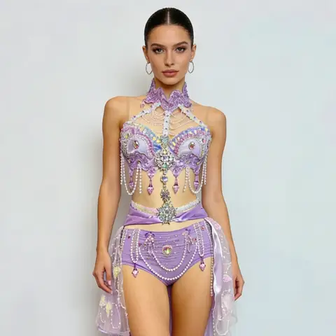 Purple Scale Bling Rhinestones Bikini Sexy Stage Wear Mermaid Performance Dance Costume Musical Festival DJ Dancer Rave Outfit
