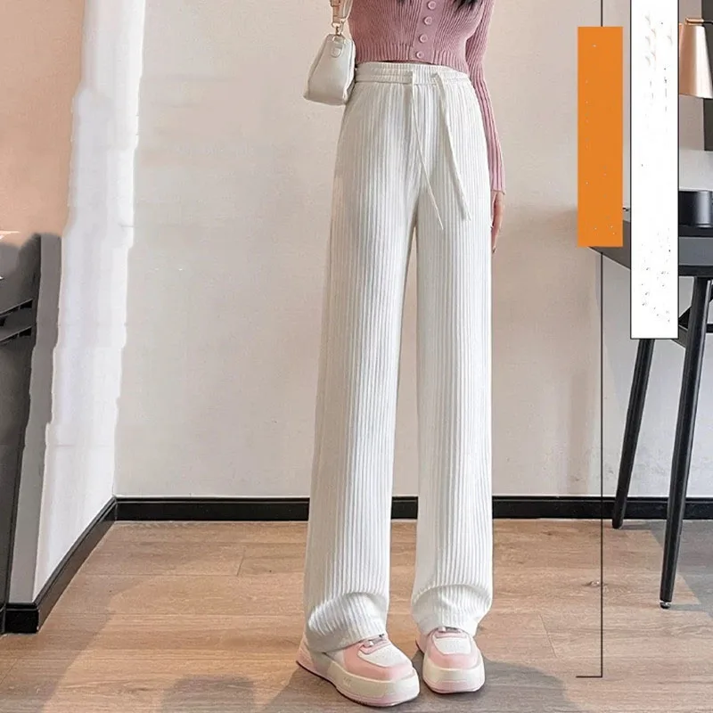 Casual Pants Solid Drawstring Women 2025 Autumn New Bubble Milk Puff Wide Leg Pants Korean High Waist Draped Straight Trousers