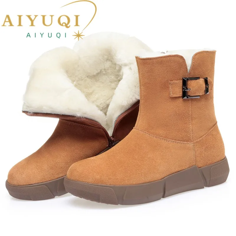 AIYUQI – bottes de neige en cuir véritable pour femme, bottes d'hiver en laine naturelle, grande taille, bottines chaudes à semelle compensée, nouvelle collection 2026