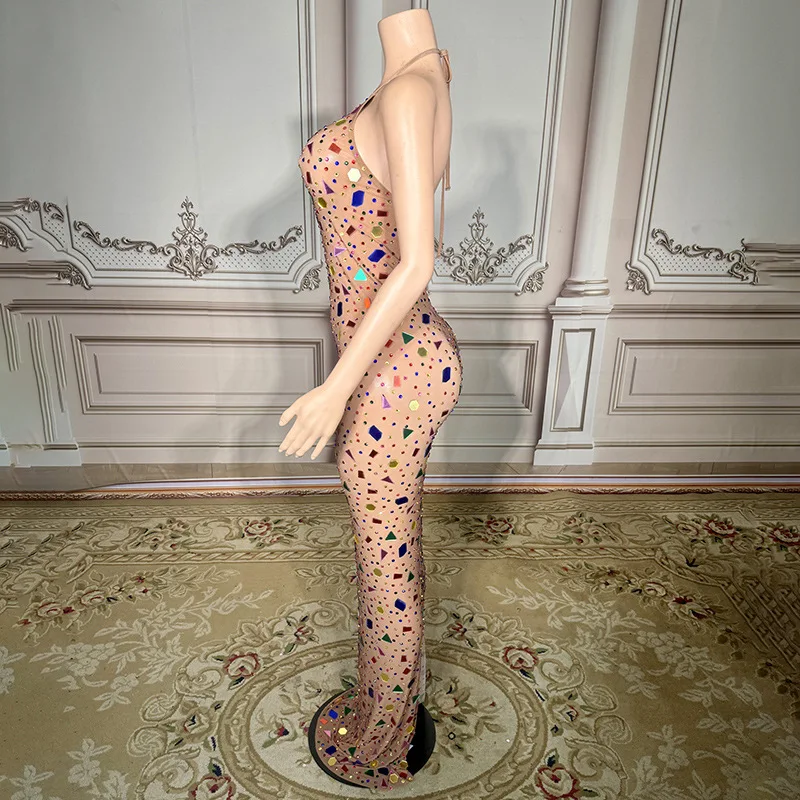 Pescoço cor lantejoulas fino temperamento vestido de noite à beira-mar férias namoro cantor música festival trajes palco vestido de festas