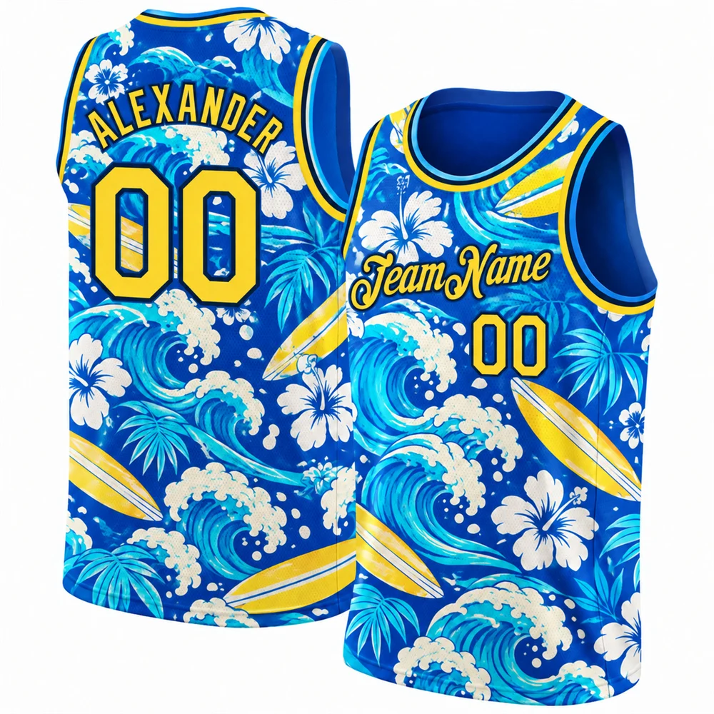 Hawaiian Floral Basketball Jersey Custom Name Number Team Name for Men 3D Print Hibiscus Ocean Waves Surfboard Sleeveless Vest