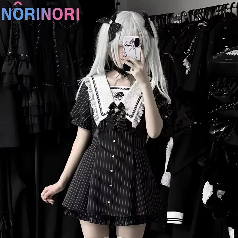 Japanese Gothic Lolita Style Bow Stripes Dress Shorts Set Women Sweet Lace Ruffles Button Shirt Dresses Y2k Dark Slim Mini Dress - view 4