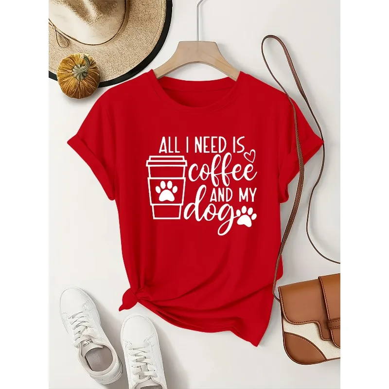 Dog Coffee Letter Element Printed Women's Cotton Breathable Summer Dress Combination Version Round Neck Women's T-shirt