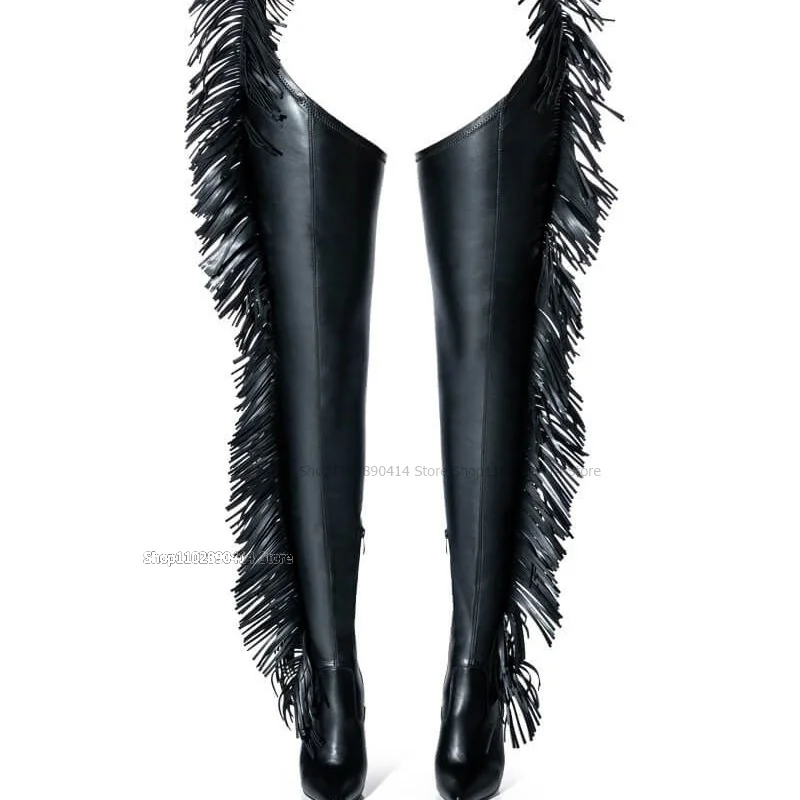 

Black Tassels Decor Pointed Toe Pant Boots European Style Women Shoes Thin High Heel Novel Fashion Sexy 2023 Zapatos Para Mujere