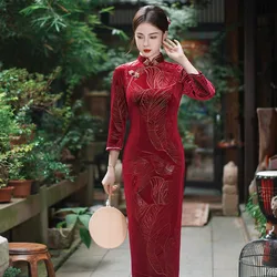 Plus Size Red Black Velvet Cheongsam Women Vintage Party Wedding Long Dress Long Sleeve Winter Traditional Qipao M To 5XL