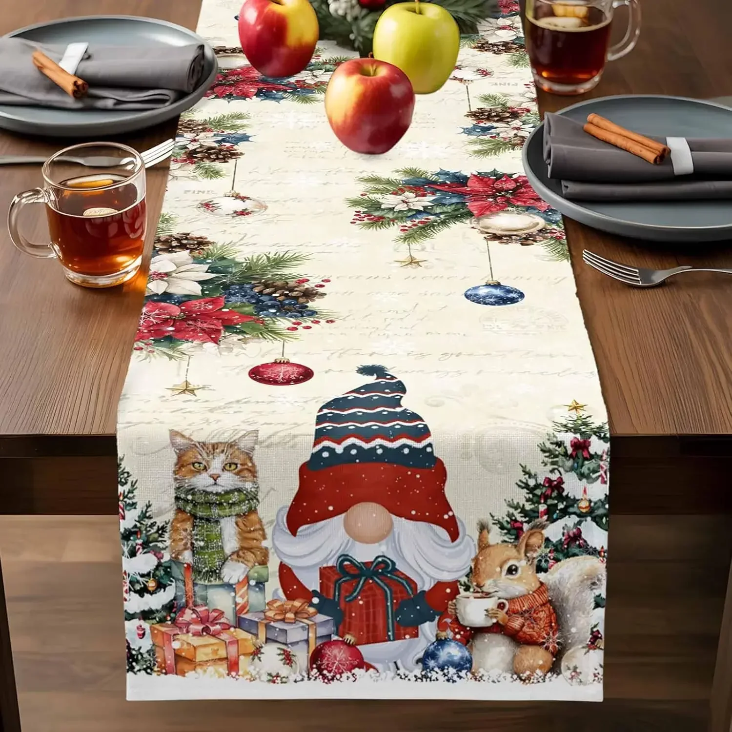 Christmas Gnome Snowflake Pine Needle Table Runner, All-Season Versatile, Party & Holiday Table Runner