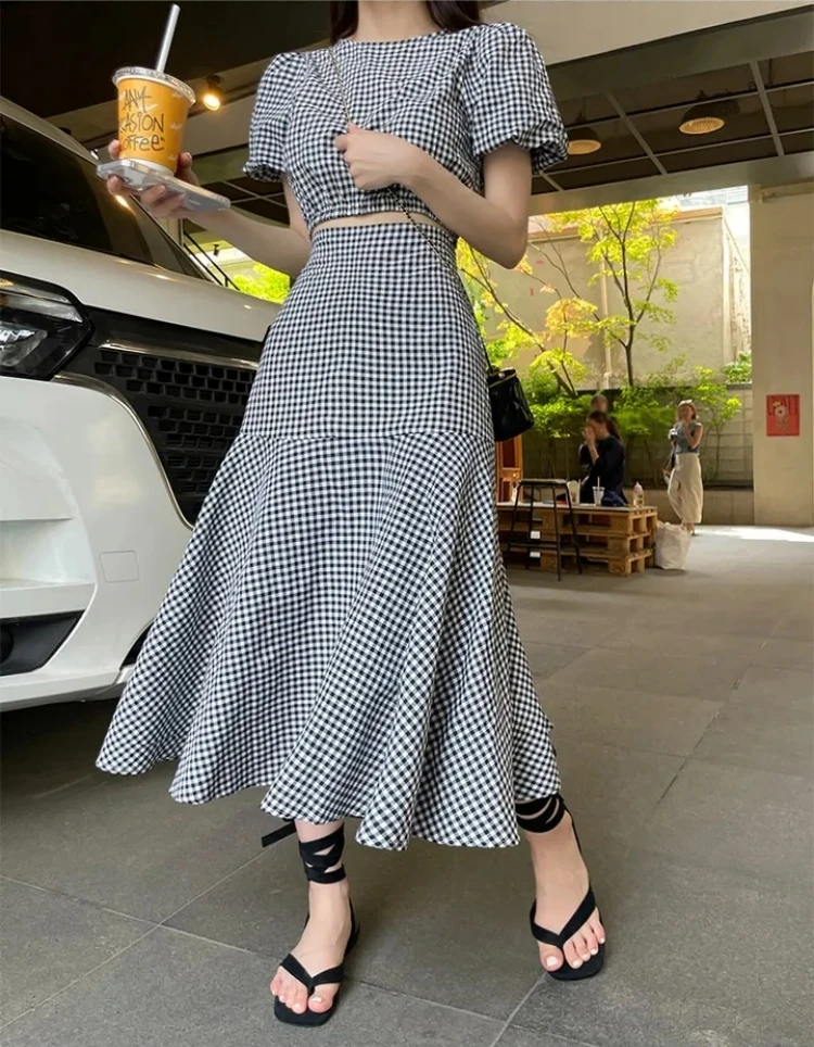 Two 2 Piece Set Plaid Dress Women Puff Sleeve Casual Woman Tops Ruffle High Waisted Ladies Skirts 2023 Summer Suit