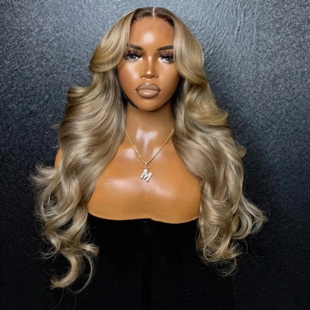 

Ombre Ash Blonde With Dark Roots Natural Wave Hair Synthetic Lace Front Wig 13x4 HD for Women Easy to Wear Daily Cosplay Wig