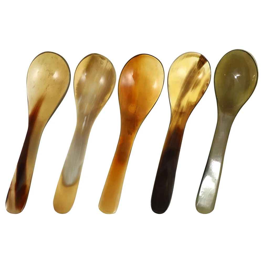 5 Pcs Natural Horn Coffee Scoop Ice Cream (set 5) Spoon Ramen Serving Spoons with Stand Blue Dessert Small