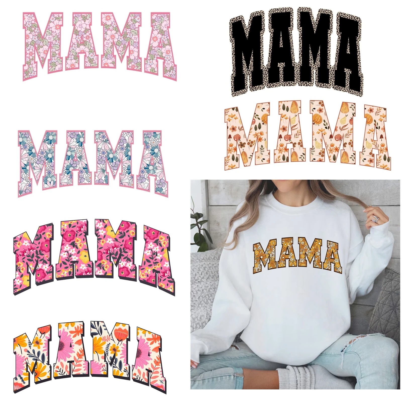 18+ New  Retro Floral Mama Heat Transfer Mom Letter Iron On Leopard MAMA DTF Heat Transfers Stickers Ready To Press For T-shirts