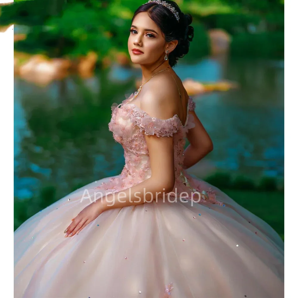 Angelsbride Roze Prinses Baljurk 15 Jaar Oude Quinceanera Jurken Met 3d Handgemaakte Bloemen Brithday Party Vestidos De 15 Años