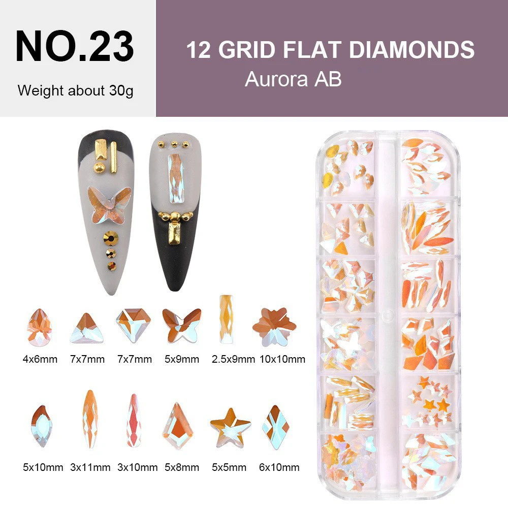 

12 Grids Glitter Auraro AB Crystal Rhinestones Mix Shapes Cosmic Nail Art Accessories Diy Decorations Nail Charms Free Shipping