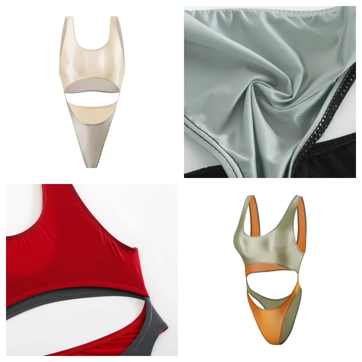 Sexy Gloss Women One-pieces Swimwear Smooth Shiny Leaking Belly Swimsuit Bodysuit Ultra Thin Spliced Color Block Plus Size