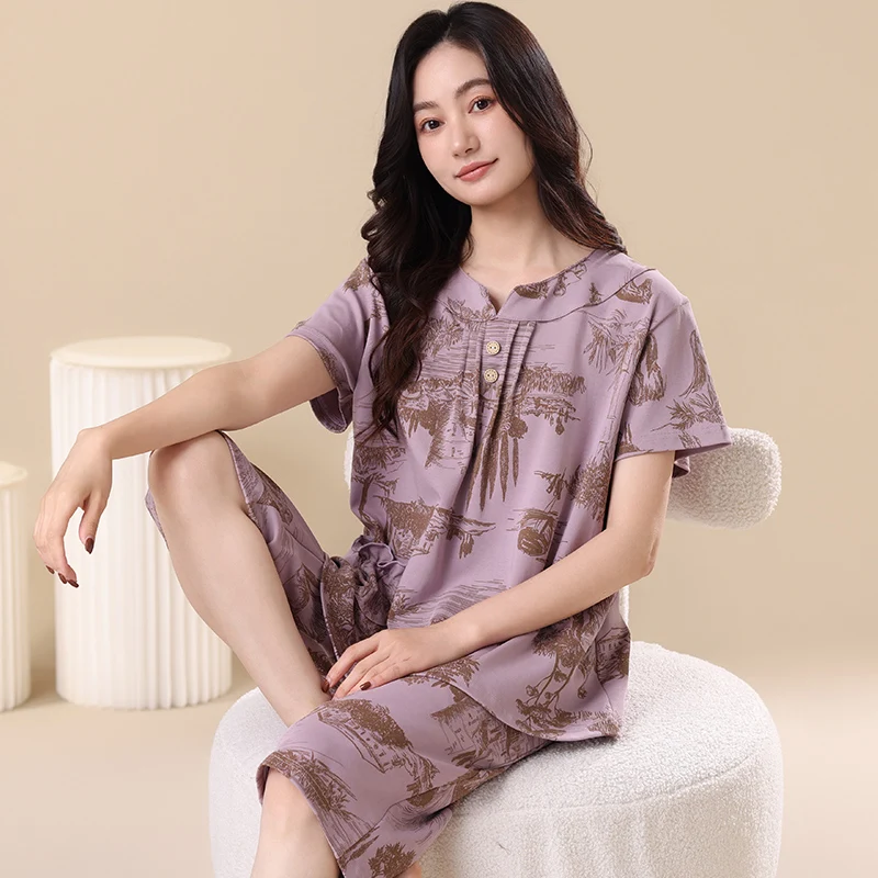 Large Size M-4XL Women Pajamas Sets Soft Nightwear Summer Short Sleeve Pyjamas Small Floral Print Sleepwear Female Pijamas Mujer