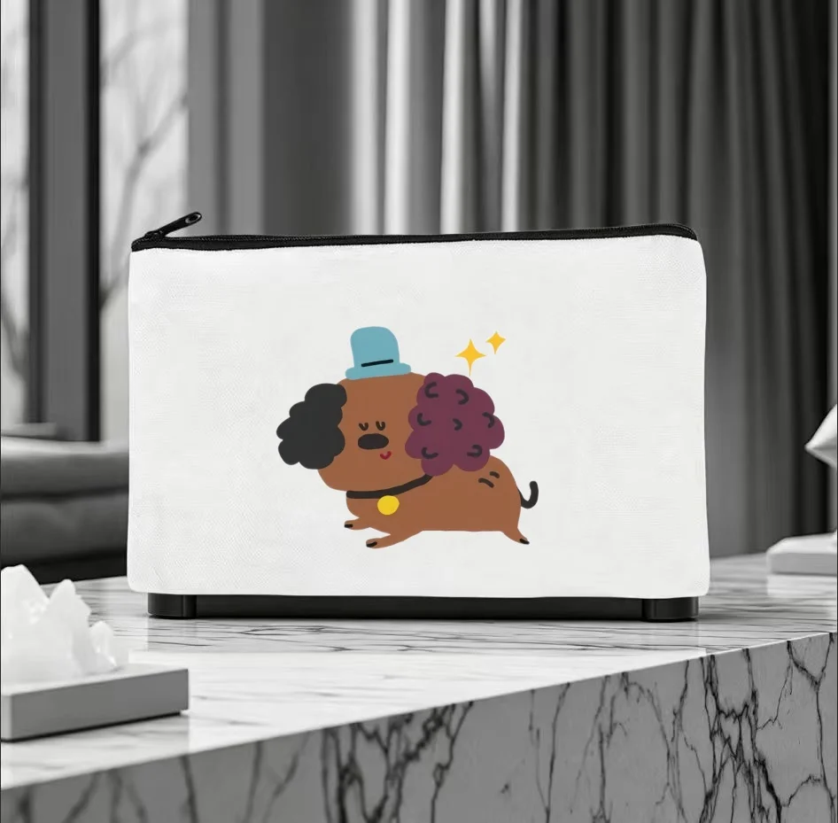 1PC Gentle Stylish Puppy With Bell Collar Print Makeup Bag Double Sided Canvas Daily Storage Organizer