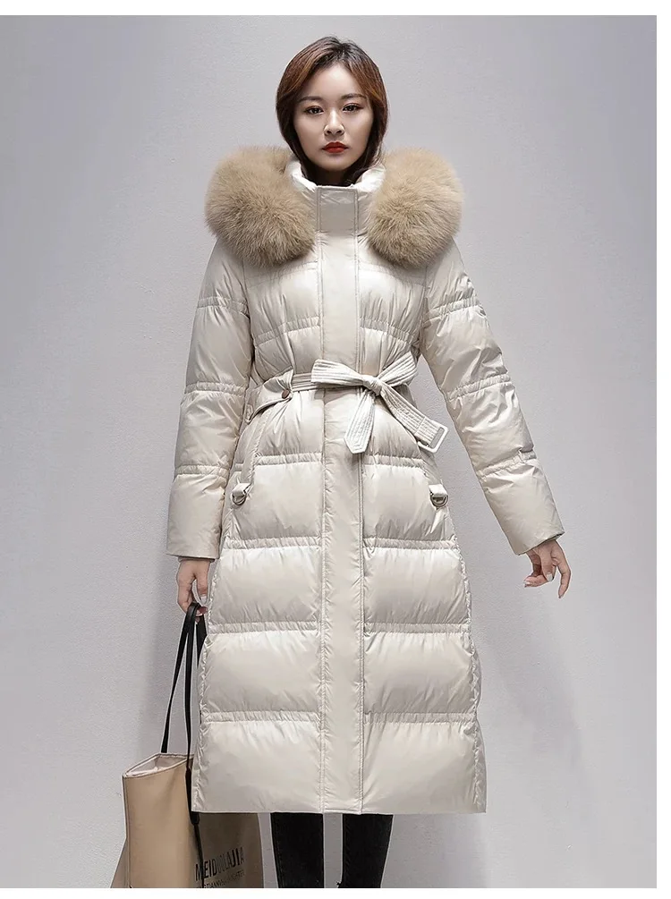 

Women's Puffer Coats Winter New Down Jackets Large Fur Collar Windproof Thick Parker Simple High-end Slim Waist Long Down Coats