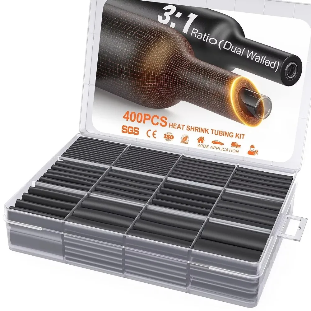 400 Pcs Black Heat Shrink Tubing Kit High Temperature 3:1 Ratio Adhesive Lined Insulation Sleeving PE Shrink Tubing