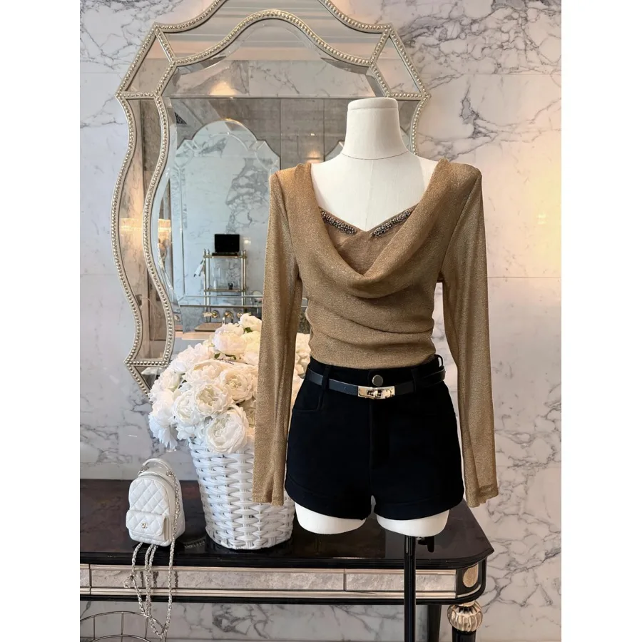 Elegant Long Sleeve T-Shirt with Lace Halter Neck Design Unique Small Audience Sensation Women's Citywalk Standard Fit Knitte...