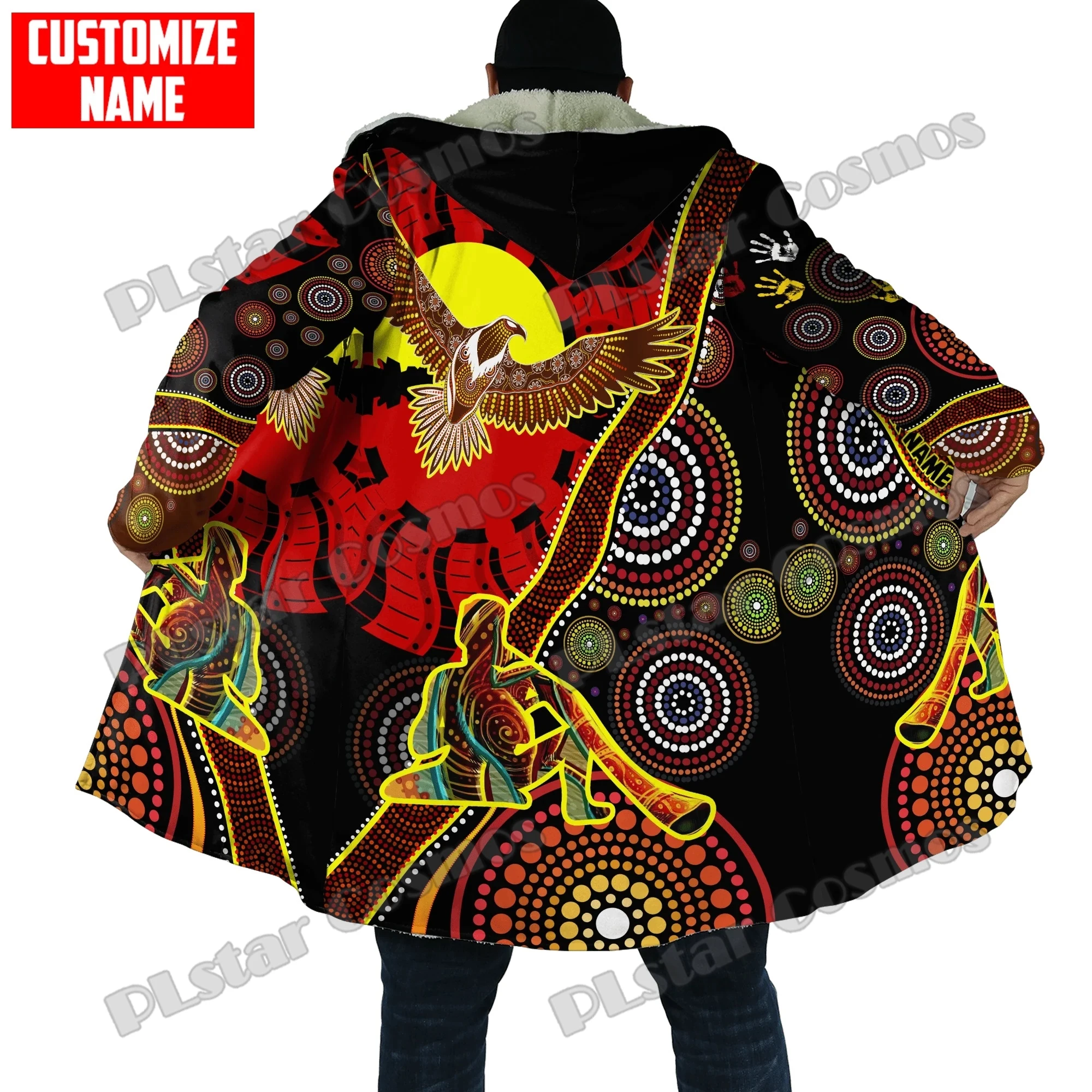 Personalized Aboriginal Lizard Brown Orange Dot Pattern 3D Printed Men's Hooded Cloak Unisex Winter Fleece Warm Cloak coat PZY08