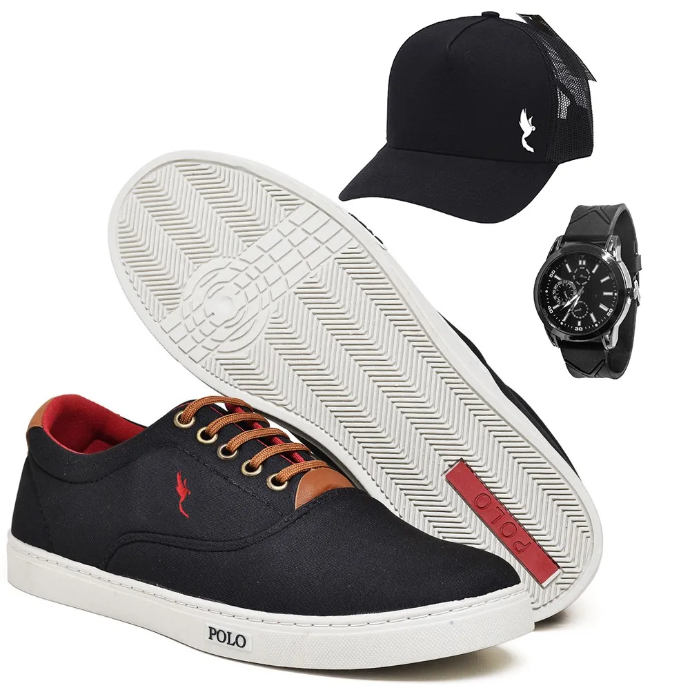 Men's Polo Blu Cano Low Casual Shoes with Watch and Black Cap Special Combo Numbering from 37 to 46.