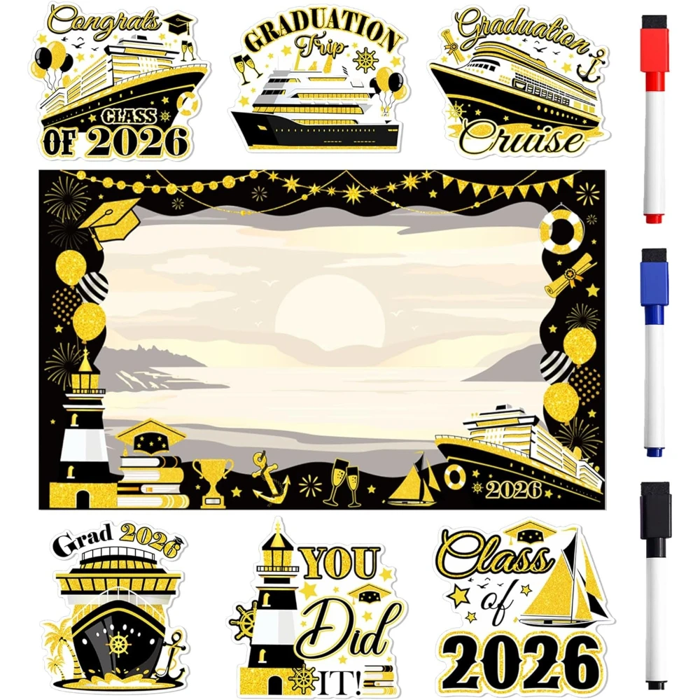 7Pcs 2026 Grad Cruise Door Magnets, Gold Black Nautical Cabin Decor with 3 Erasable Pens