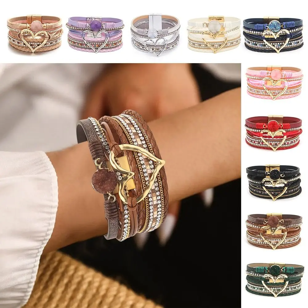 Gelang Multilapis Bohemian Kulit PU Gelang Berlapis Emas Cinta Besar Gelang Kepang Buatan Tangan Kreatif Mode