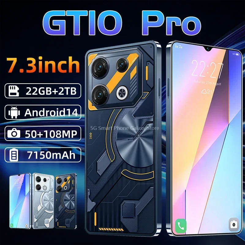 GT10 프로 스마트폰 5G 오리지널 7.3HD 22G + 2T 듀얼 심 안드로이드 14 휴대폰, 잠금 해제 108MP 7150mAh 스마트폰 