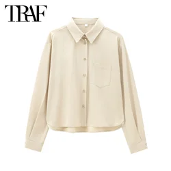 TRAF Women's Shirts&Blouses 2024 Spring Summer Autumn Elegant Long Sleeve Shirts Ladies Fashion Casual Office Beige Shirts